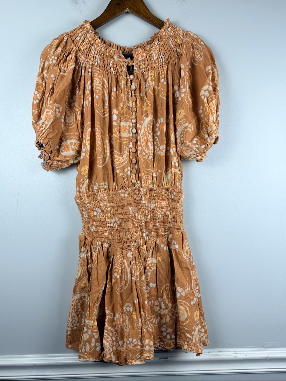 Sabo Skirt orange brown paisley puff sleeve smocked waist mini dress size medium